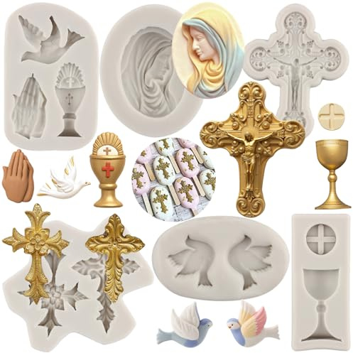 MYPRACS Kreuz Silikonform Kommunion Kelch Taube Fondant Formen Taufe Kuchenform für Taufe Party Kuchen Dekorieren Cupcake Topper Polymer Clay Candy Chocolate Gum Paste 6 Stück