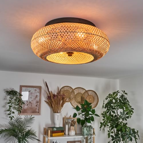 HOFSTEIN Deckenventilator Bauro, Ventilator aus Metall/Bambus in Schwarz/Natur mit Fernbedienung, Auf-/Abwind-Funktion u. Lichteffekt an der Decke, Deckenleuchte 4-flammig Ø 50 cm, 4 x E27, 3 Stufen