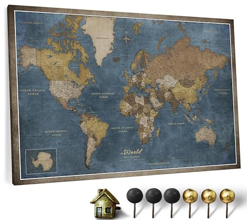 Hochwertige Canvas Weltkarte mit Kork-Pinnwand - Deutsche Beschriftung - Dekorative Wanddeko für alle Zimmer - Leinwandbilder mit Weltkarte Motiv (70x50 cm, Muster 13)