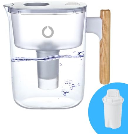 OnlyPure CleanTaste 10-Cup Water Filter Pitcher with Wood Handle, BPA-Free, Includes Replacement Filter, Removes Chlorine, Lead & Impurities, Fast Flow