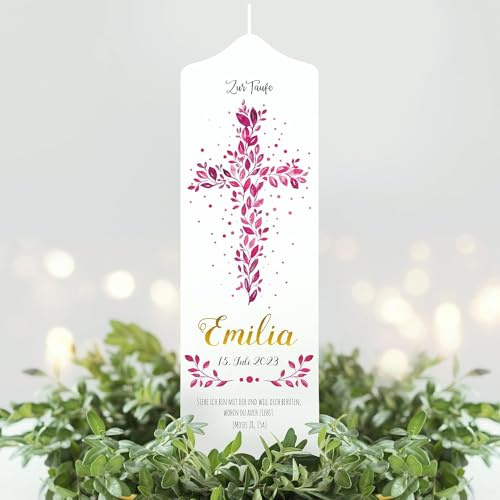 Wandtattoo Loft Taufkerze Mädchen mit Taufspruch, Motiv mit Kreuz aus pinken Blättern, 25cm x 8cm, personalisierte Kerze, bedruckte Kerze Taufe, Geburtskerze, Stumpenkerze, individuelles Taufgeschenk