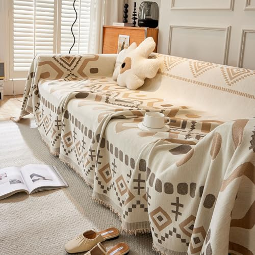 Treer Style Bohême Jeté de Canapé Tissu Chenille avec Gland, Jete de Canape Grande Taille Housse de Canapé 1 2 3 4 Places Réversible Couvre Canapé Couverture de Canapé (Couleur Kaki,180x180cm)