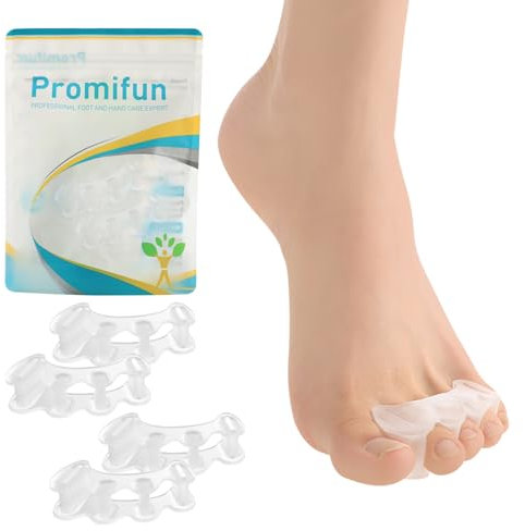 Promifun Zehenspreizer, 2 Paar weiche Gel-Zehenabstandshalter zur Korrektur von Ballenzehen, Zehenspreizer zur Linderung von Plantarfasziitis, Fußschmerzen bei Männern und Frauen (Klar + S)