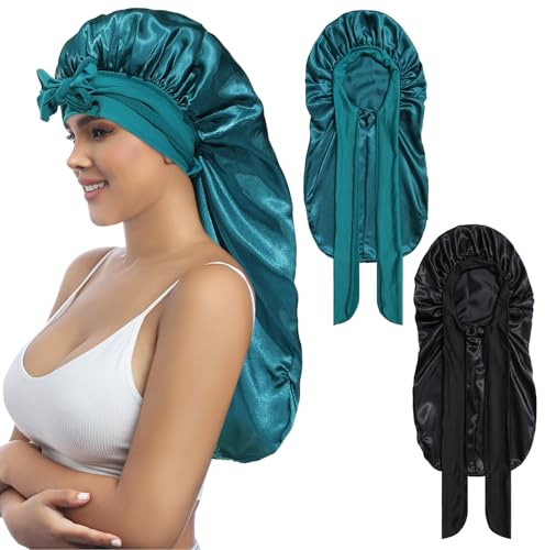 Coubeau 2 PCs Bonnet de Nuit Long en Satin pour Femme - Tissu Doux et Confortable de Haute Qualité Adapté aux Cheveux Longs et Bouclés - Bande élastique et Réglable