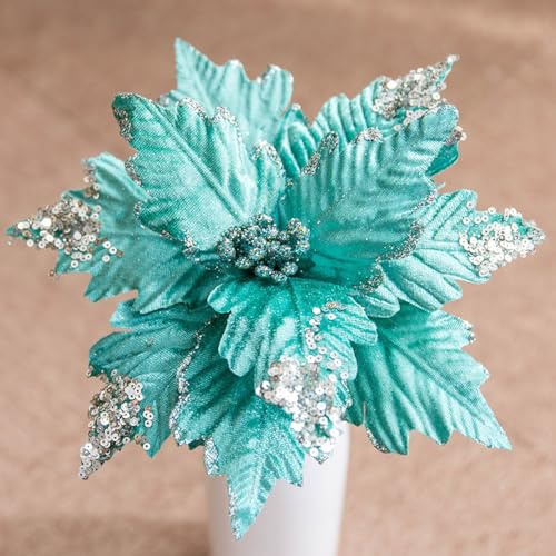 Anevous 2 Stück Pailletten Weihnachten Blumen, Glitzer Künstliche Weihnachtsstern, Künstliche Blumen zu Weihnachten, Deko Blumen für Weihnachtsbaum, Hochzeit, Ornamente,Grün