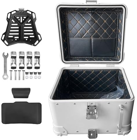 Aluminium Top case,Helmkoffer 40L/45L Motorrad Koffer Top case,Motorradkoffer Heckkoffer,Roller Koffer Tour Tail Box mit Schloss,Rückenlehne(Weiß,40 L)
