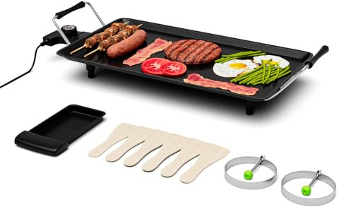 TANGZON Electric Teppanyaki Grill, 1800W/2000W Non-Stick Barbecue Griddle with Adjustable Temperature, 6 Spatulas & 2 Unsticking Rings, Portable Party Tabletop BBQ Hot Plate (L 48x27cm, 2000W)
