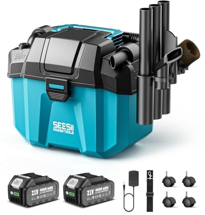 Seesii Cordless Shop Vac Wet and Dry, 2.6 Gallon Small Shop Vac with Accessory Storage Holder, 2 x 4.0Ah Batteries, 3-in-1 Wet Dry Vacuum with HEPA Filter, Strap, Ideal for Garage, Car, Workshop