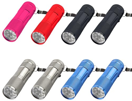 LEKEFETO 8 stycken mini LED-ficklampor: Ficklampa barn mini LED-ficklampa med 9 lysdioder, vattentät ficklampa liten, aluminiumflasklampa barn, för nödsituationer, utomhus, camping