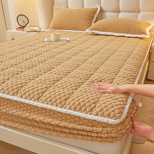 Genérico Sábana Ajustable cálida Engrosada, sábanas bajeras de Felpa Gruesas cálidas de Invierno Colcha, sábana de Cama de Terciopelo de Franela Sábana Bajera con mechones,D,Queen: 150x200cm
