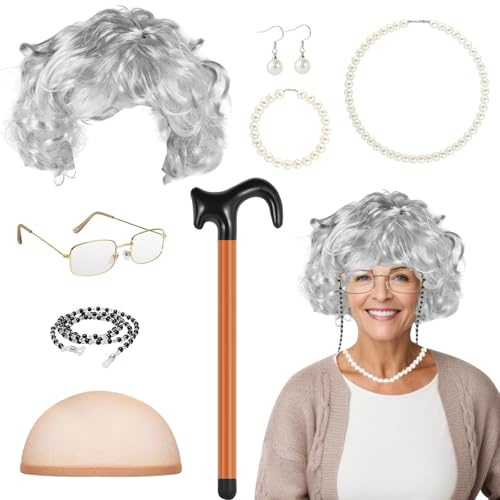 7 PCS Kit De Deguisement Grand Mere, Ensemble De Cosplay De Grand-MèRe | Avec Canne Bracelet Perruque Collier Boucles D'Oreilles Lunettes Avec ChaîNe Pour Mascarade Carnaval Halloween Jeu De RôLe