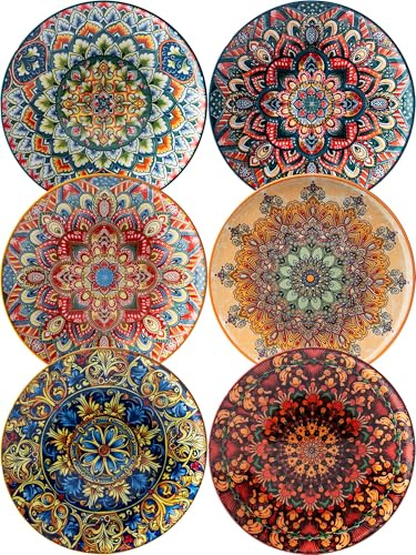 VKYN Small Dinner Plate Set of 6-8.5 Inch Ceramic Dessert Salad Plate, Microwave, Oven and Dishwasher Safe, Colorful Bohemian Style Dishes, Lightweight Round Plates for Kitchen