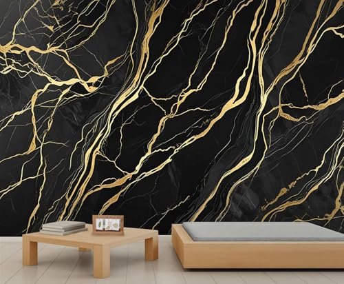 FACADUP Black Gold Marble Murals, Abstract Golden Lines Black Marble Wallpaper for Living Room Office 200x140cm Adhesive Canvas Wallpaper Stickers (Not Self-Adhesive)