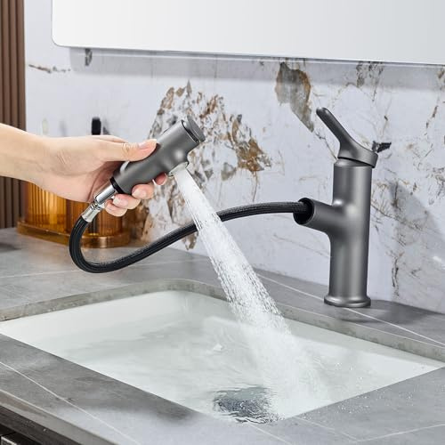 Waschtischarmatur Silbergrau Ausziehbar Wasserhahn Bad mit 3 Brause | Waschtischarmaturen Ausziehbar LakeBayMZC Einhebelmischer Badarmatur Waschbeckenarmatur mit 3 Brause für Aufsatzwaschbecken