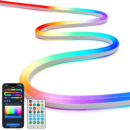 Aigostar Luz de Neon LED RGBIC 5M, Sincroniza con Música, Control por Segmentos vía APP, 39 Efectos, IP44, para Fiestas y Hogar