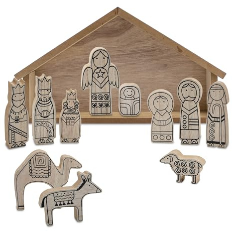 Spetebo Presepe e statuette in legno naturale – 12 pezzi – Presepe con stalla e 11 statuette in legno – Presepe natale – Presepe natale – Decorazione da tavolo