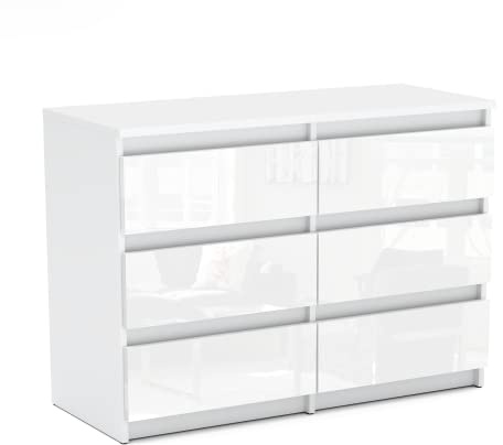MRBLS_HOME Kommode mit 6 Schubladen - Holz Sideboard 100 x 71,5 x 33,5 cm (B/H/T) - Schubladenschrank Schmale Kommode für Schlafzimmer & Flur - Regal mit Schubladen (Weiß Matt - Weiß Glanz)