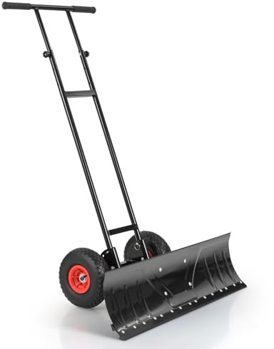 GOPLUS Schneeschaufel mit Rädern, Schneeschieber mit 91,5 cm breiter Klinge, 7-Fach einstellbar, höhen- und winkelverstellbarer Griff, Schneeschippe Metall (91,5 x 53 x 114-126 cm)