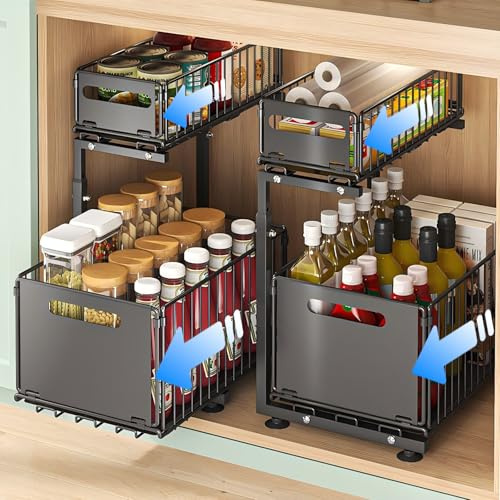 HABITELLO Lote de 2 Organizador Bajo Fregadero Extraíble de Metal 2 Niveles | Almacenaje y Organización Multiusos para Cocina Baño Armario y Especias