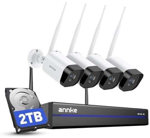 ANNKE 3K Wireless Security Camera System, 10CH NVR CCTV System with 2TB HDD and 4X 5MP Security Cameras Outdoor, 100ft Night Vision, Two Way Audio, Human Detection, 24/7 Recording, IP67 Weatherproof