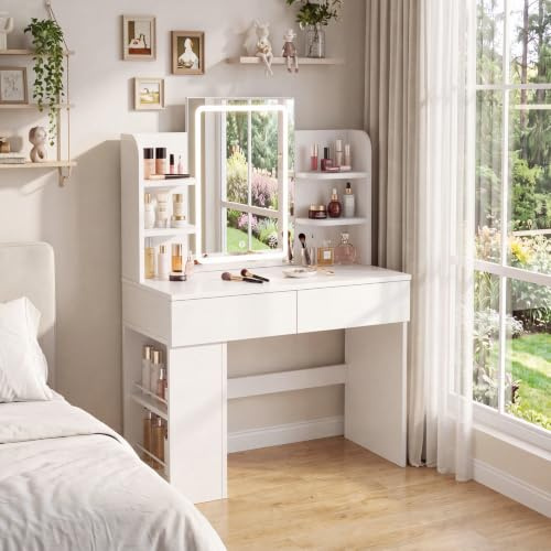 JUMMICO Dressing Table with LED Mirror,Vanity Desk with 2 Large Drawers,Adjustable Brightness,Makeup Table with Open Shelves and Sideboard,Bedroom Furniture (White, 90cm)