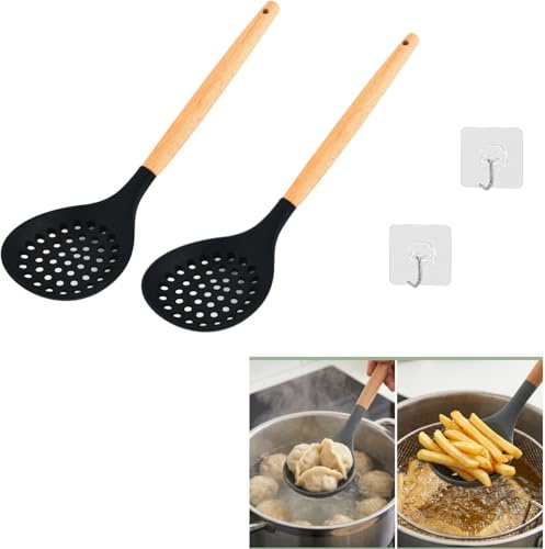 2Pcs Silicone Skimmer Spoon, Draining Spoon with 2 Hooks, 32cm | Durable Non-Stick Silicone Slotted Skimmer Spoon with Wooden Handle for Kitchen Cooking Vegetables(Black)