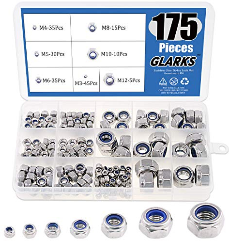 Glarks 175pcs Metric 304 Stainless Steel Nylon Lock Nut Assortment Kit - M3 M4 M5 M6 M8 M10 M12
