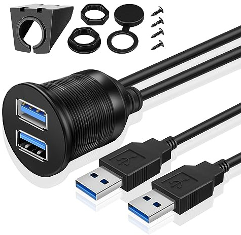 TNP Câble de Montage encastré USB 3.0 pour Tableau de Bord 2 Ports Double Prise USB Prise Jack Cordon d'extension résistant à l'eau mâle vers Femelle f/Voiture, Camion, remorque, Bateau, Moto (1 m)