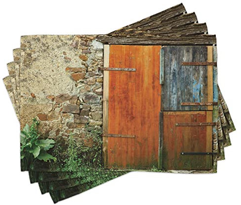 ABAKUHAUS Fensterläden Platzmatten, Alte Mode Landhaus Französisch Eingang Steinmauer Bauernhaus Bild drucken, Tiscjdeco aus Farbfesten Stoff für das Esszimmer und Küch, Orange Grün