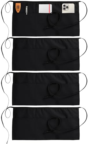 Utopia Wear 4 Pack Server Aprons with 3 Pockets, Waiter and Waitress Waist Aprons for Women with Pockets, Water and Oil Resistant Men Short Aprons (Black)