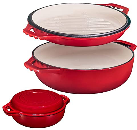 Bruntmor 2-in-1 Pre-Seasoned Cast Iron Pan |Cocotte Double Braiser Pan with Grill Lid 3.3 Quarts - Barbecue Grill Non Stick Frying Pan - Nonstick Cookware Set with Wide Handle (Red)