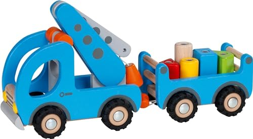 goki 55875 - Kranwagen mit Magnetanhänger, Vielseitiges Holzspielzeug, Nachhaltige Qualität, blau, Förderndes Baufahrzeug ab 3 Jahre, Blauer Krahnwagen und Anhänger