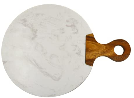 Kadum Tabla de Servir Carrara de Mármol Blanco y Madera de Acacia Con Mango, Redonda para Desayuno, Cocina y Queso, Diámetro 25 cm