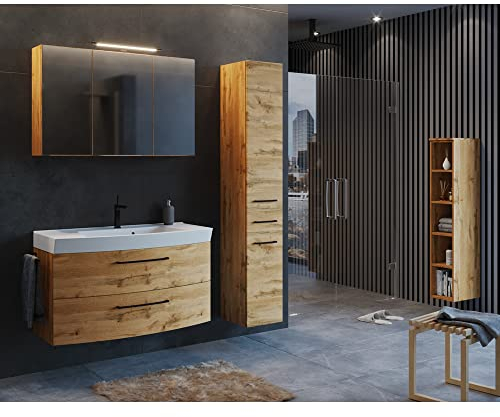 Lomadox Badezimmer Set Industrial Style 100 cm Waschtisch und Hochschrank in Wotan Eiche Nb. inkl. Waschbecken, B/H/T: ca. 215/200/50 cm
