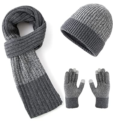 Lallier Winter 3-teiliges Herren Wolle Mütze Schal Handschuhe Set, Warmes Beanie Skull Cap Schal Thermohandschuh Set für Herren