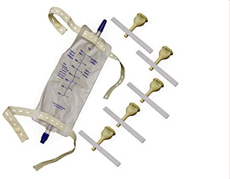 Complete Kit Urinary 5 Days 5 Rubber Condom Catheters External Self-Seal + 1 Leg Bag 750ml + Straps (XLarge 35 mm 1.37 Inch)