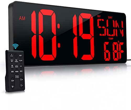 Large Digital Wall Clock with Remote Control 17.2 LED Large Display Timer with Temperature Date Week Auto DST Adjustable Brightness, Big Wall Alarm Clock for Living Room Office Garage Gym Seniors