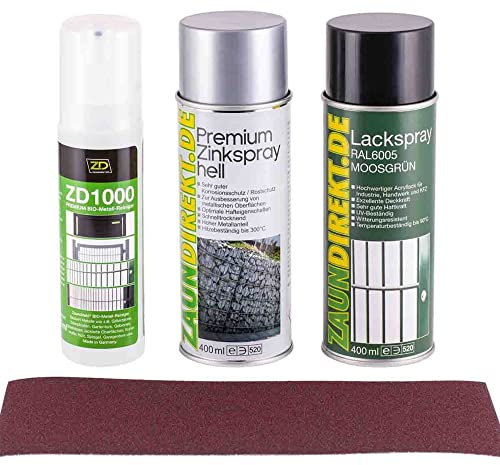 Reparaturset für Metall RAL 6005 Moosgrün mit Lackspray & Zinkspray | Korrosions- & Rostschutz | Schleifpapier Körnung 320 | 4-teiliges Set