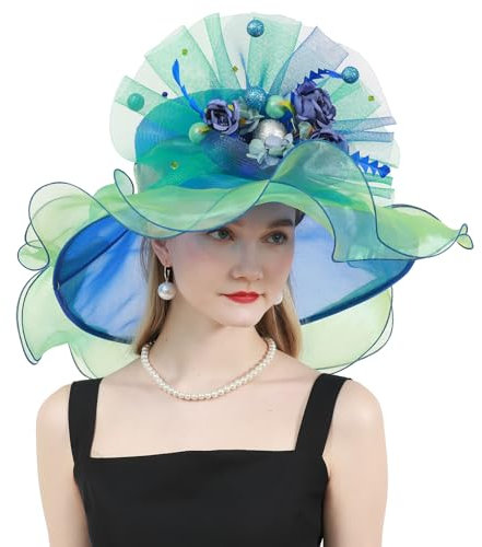 ORIDOOR Organza-Fascinator für Damen, Kentucky-Hut, Derby-Blumenmuster, für Teeparty, Hochzeit, 04 Blau, Einheitsgröße