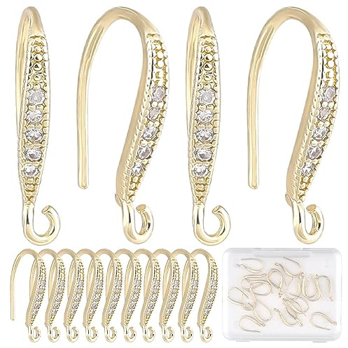 CREATCABIN 22Pcs Cubic Zirconia Earring Hooks 18K Gold Plated Brass Fish Hooks Ear Wires with Vertical Loop French Dangle Earring Findings Connectors for DIY Jewelry Earring Making Women 15 x 2mm