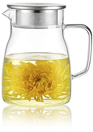 CNGLASS One-Touch Glass Teapot 27oz(800ml), Glass Tea Kettle with Stainless Steel Filter Lid, Stovetop Safe Loose Leaf Tea Maker
