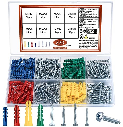 Dübel Schrauben Set, 290 Stk Wanddübel und Schrauben Set, Universaldübel mit Schraube, Selbstbohrende Kreuz-Flachkopfschrauben Holzschrauben mit Gipskartondübel, für Ziegel, Beton, Trockenbau