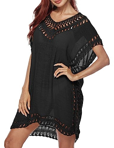 Minicoco Women Beach Dress Bikini Cover Ups,V-Neck Summer Beach Holiday Swimsuit Cutout Crochet Beach Tunic Boho Beachwear Swimsuit Bikini Beachwear Cover-Ups for Summer Beach (Polyester, Black)
