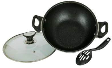UWEVO Wok de cuisine anti-adhésif en aluminium | Poêles profondes | Double poignée résistante à la chaleur avec couvercle en verre | Base idéale pour les plaques à induction | Gadgets de cuisine