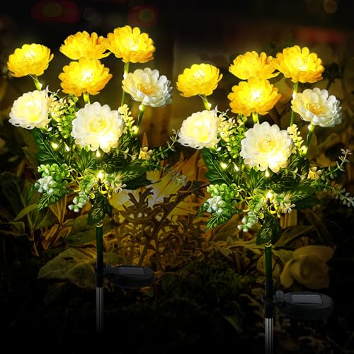 FWLWTWSS Snow Lotus Solar Garden Flower Lights 2 Pack (White) | 7 Snow Lotus Blooms, Auto On/Off Dusk-Dawn, Waterproof Ornaments, Lawn Patio Yard Walkway, Gardening Gifts for Women