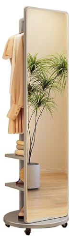 Ganzkörperspiegel mit Garderobe, 2-in-1 Freistehender Bodenspiegel, Massivholzrahmen, Standspiegel Ganzkörper-Ankleidespiegel mit Rollen für Wohnzimmer, Schlafzimmer (Grau)