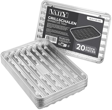 Vaily Alu Grillschalen Grillpfanne 100er Pack - Tropfschale Zubehör für BBQ, Camping und Küche - Aluschale für weniger Fett und Schmutz - 32,5 x 22 cm