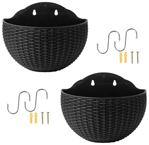 Meindin Macetero de Pared para Plantas al Aire Libre, 2 macetas de imitación de ratán para Colgar en la Pared, Maceta Colgante de semicírculo para Exteriores con Agujero de Drenaje y Ganchos, Soporte