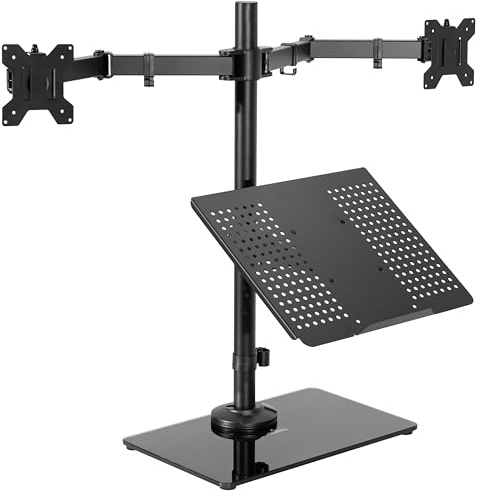 VIVO Freestanding Dual Computer Monitor and Laptop Combo Desk Stand with Glass Base, Fits up to 32 inch Monitors and 17 inch Laptops, Black, STAND-V003FGL | Glass Base, Fits up to 32 inch Monitors, Fits up to 17 inch Laptops, Computer Monitor and Laptop Combo