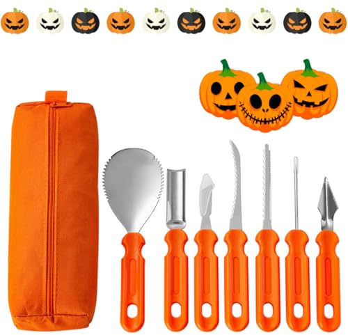 Halloween Kürbis Schnitzset, 7-Teiliges Edelstahl Schnitzwerkzeug Mit Tragetasche, Professionelle Werkzeuge Und Hochleistungs-Edelstahl, Carving Kit Für Kinder Und Familie